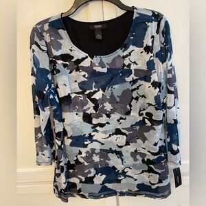Alfani Women's Blue and Black Patterned Blouse 3/4 sleeve Fullylined SizePL NWT
